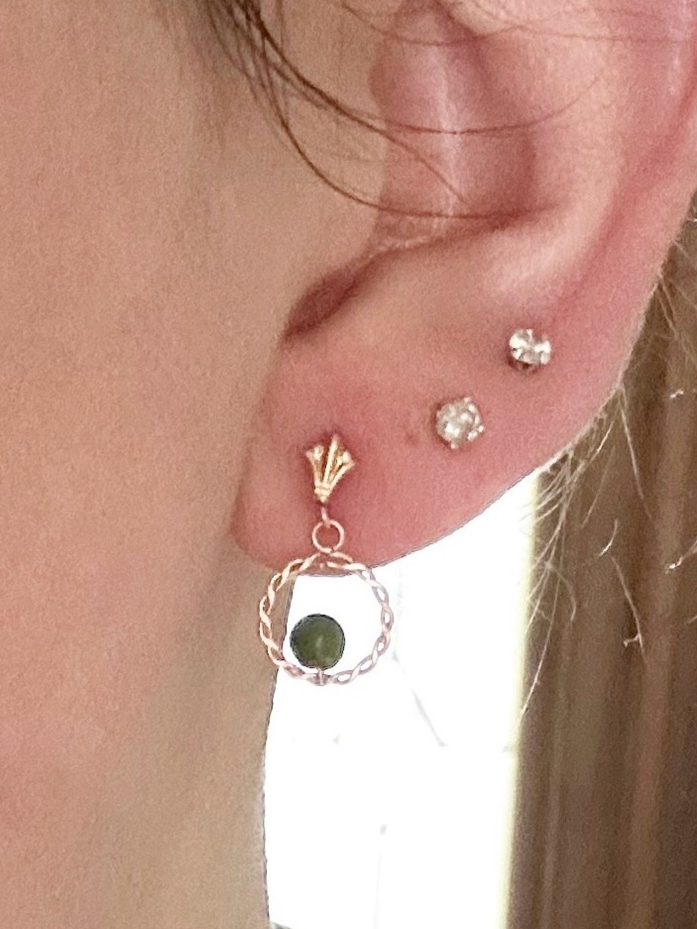 Vintage 14K Gold Twist Drop Earrings with Jade Bead Earrings